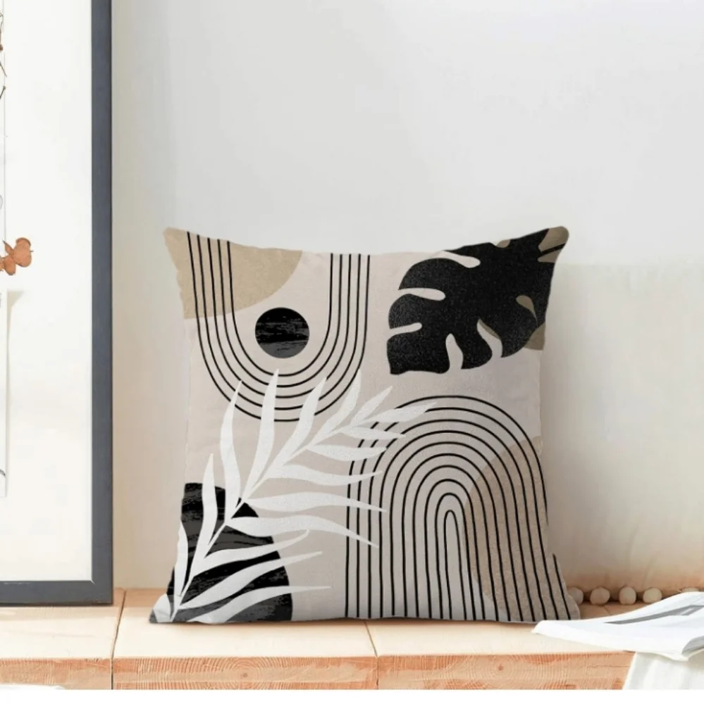 Boho Pillow Covers 18x18‎ Set of 2 Mid Century Black Beige Tropical Leaf